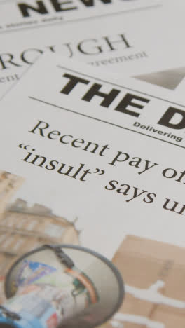 Vertical-Video-Of-Newspaper-Headlines-Discussing-Strike-Action-In-Trade-Union-Dispute